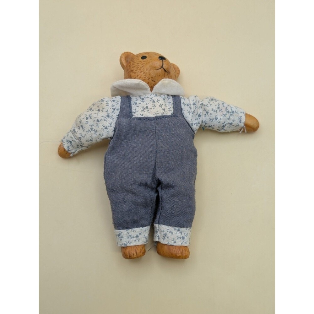 Vintage Russ Berrie & Co. Porcelain Bear Stuffed Body Boy Blue Overalls 4 1/2”